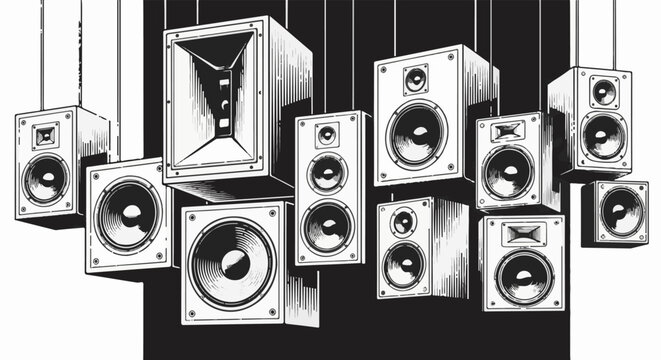 A dynamic display of various suspended audio speakers in a stylized illustration