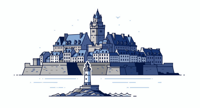 A fortified coastal town with a lighthouse perched on rocky outcrop