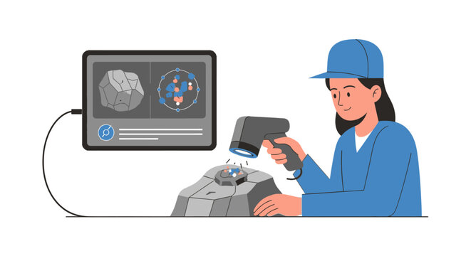Scientist Using Handheld 3D Scanner to Analyze Mineral Rock Specimen with Tablet Display Vector Illustration