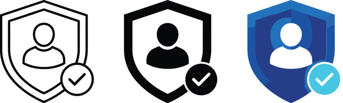 Profile security and user verification icon set with shield and check mark symbols