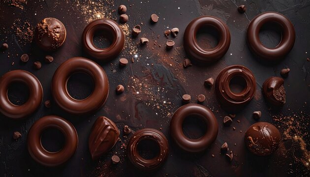 Chocolate Donuts Scattered on Dark Background.