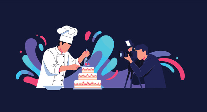 Professional chef in uniform being filmed while decorating a large tiered cake for a cooking show or tutorial video.