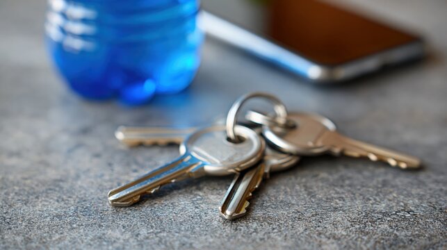 Set of generic keys on campus desk beside water bottle and smartphone
