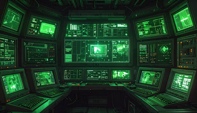 Control room with glowing computer screens