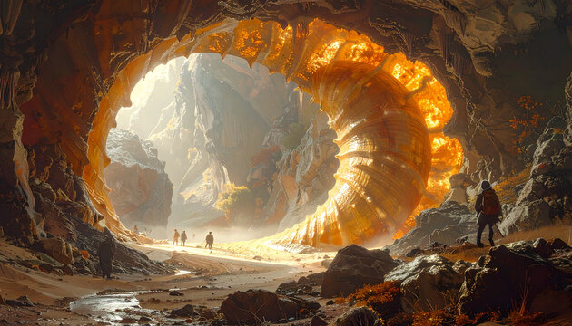 Dramatic landscape of a cavern with spiral structure and figures