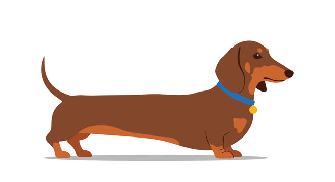 Adorable long-bodied dachshund dog with a brown coat and a blue collar standing on a plain white background with its tail curled up.