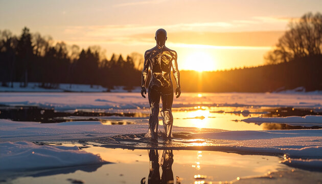 Metallic figure standing in sunset