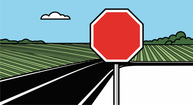 A red stop sign stands at a rural crossroads with fields and trees