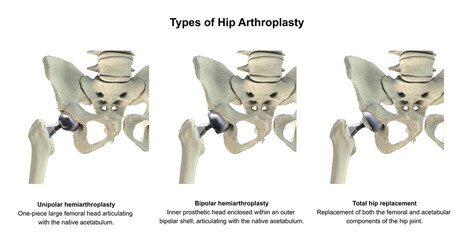 Obraz premium Three types of hip prostheses: unipolar hemiarthroplasty, bipolar hemiarthroplasty and total hip replacement, 3D illustration