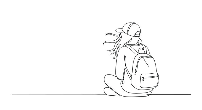Teenager with backpack and cap sitting one line drawing with line art
