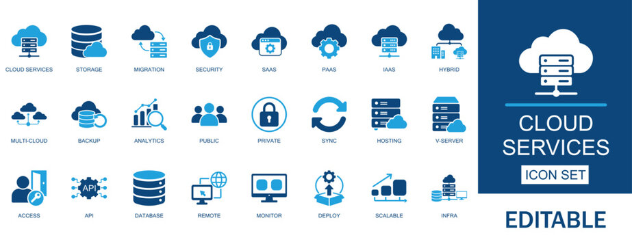 Cloud services and computing solid icons set. Includes cloud storage, data migration, server, hosting, customer, connect, hybrid network, word, security, and infrastructure.