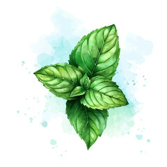 Mint Leaf, fantasy-inspired semi-realistic illustration, soft glowing accents, watercolor style, isolated on white © DavidJ