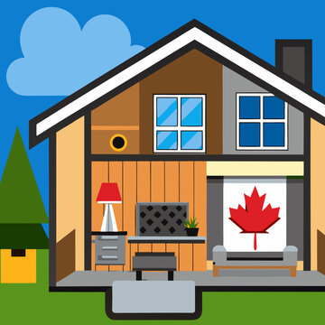 Exterior and interior of a modern Canad house with backyard, driveway, and complete living spaces. Includes living room, kitchen, bedrooms, bathrooms, hallways and basement