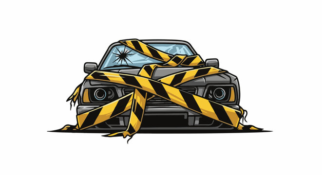 A damaged car wrapped in caution tape, with a cracked windshield