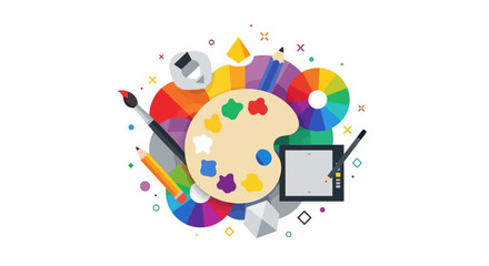 Naklejka premium Creative Graphic Design Tools Illustration with Artist Palette Color Wheel and Graphics Tablet on White Background