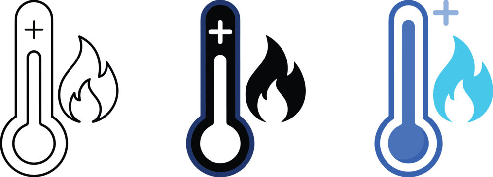 Thermometer and fire icon set representing high temperature and heat level measurement