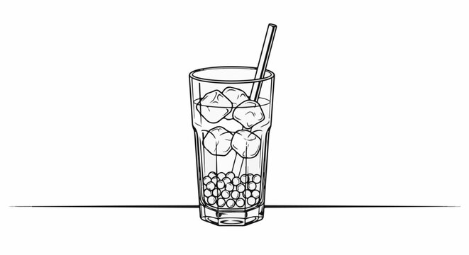 A glass of refreshing beverage with ice cubes and tapioca pearls