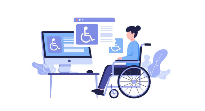 Web Accessibility and Digital Inclusion Concept Illustration with Woman in Wheelchair Working on Computer