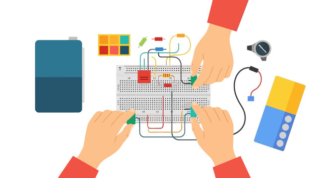 Hands Assembling Electronic Components on a Breadboard for Circuit Prototyping and STEM Education