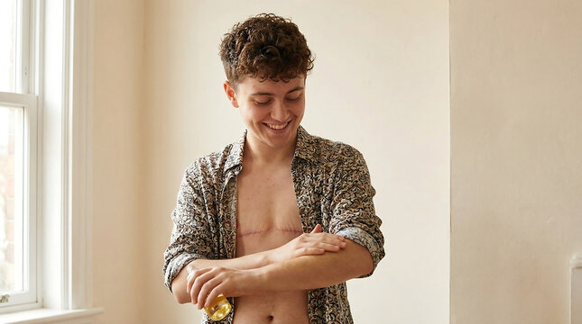 Smiling trans man with short curly hair applying lotion on arm near window, self-care and body positivity in natural light.