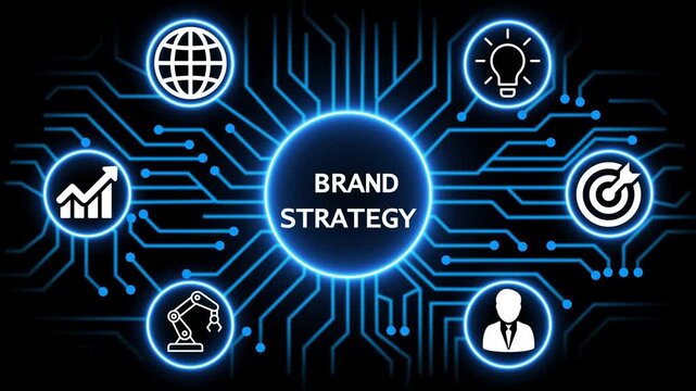 brand strategy concept with circuit lines and digital symbols hovering above a businessman, technology. manufacturing process management all connected in a digital circle like pattern.