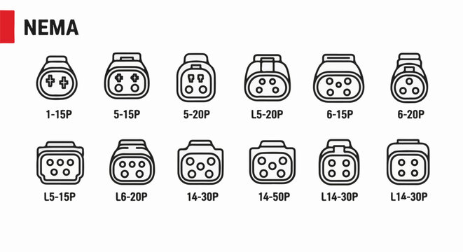 A collection of line art illustrations of various electrical plug and socket configurations