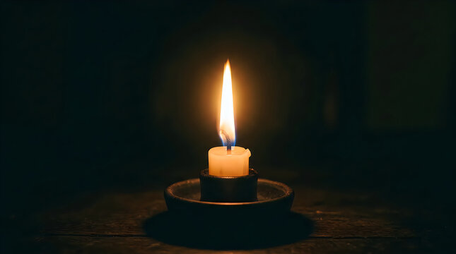 A single burning candle with a bright flame against a dark background