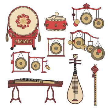 Traditional Chinese Musical Instruments Collection: Drums, Gongs, Lute, Zither, Flute