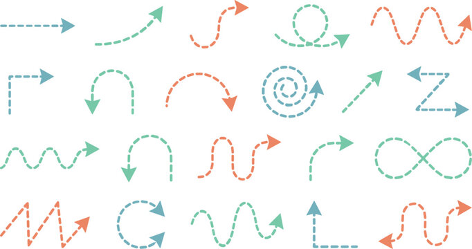 Set of black dashed line arrow symbols and dotted directional pointers featuring various curved and spiral shapes for infographics, on transparent background