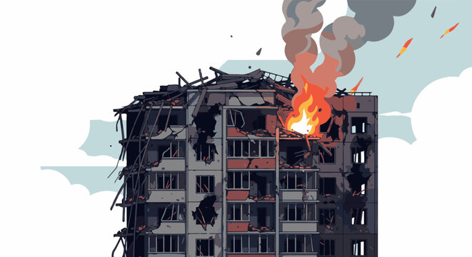 A pixel art depiction of a damaged apartment building engulfed in flames and smoke