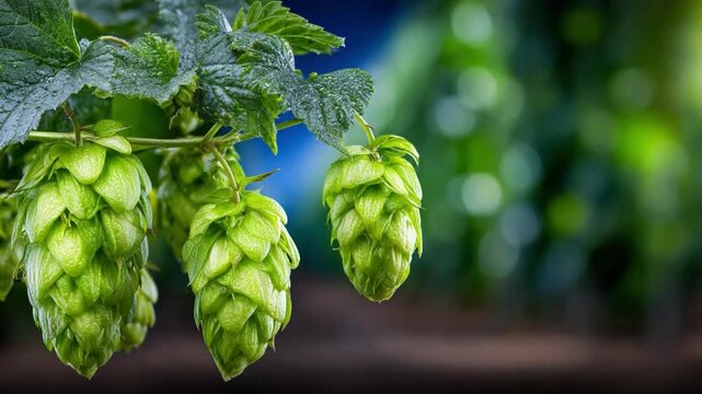 Green Hops in Nature: A captivating image showcases vibrant green hops, with detailed texture of the cones. A symbol of brewing excellence, nature's gifts, craft beers
