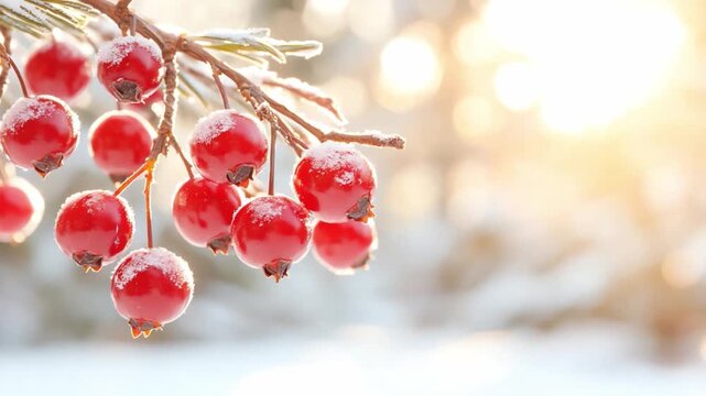 Winter's Crimson Jewels: A close-up view of vibrant red berries dusted with frost, adorning a delicate branch, evoking the serene beauty of a winter morning and the delicate dance of nature.
