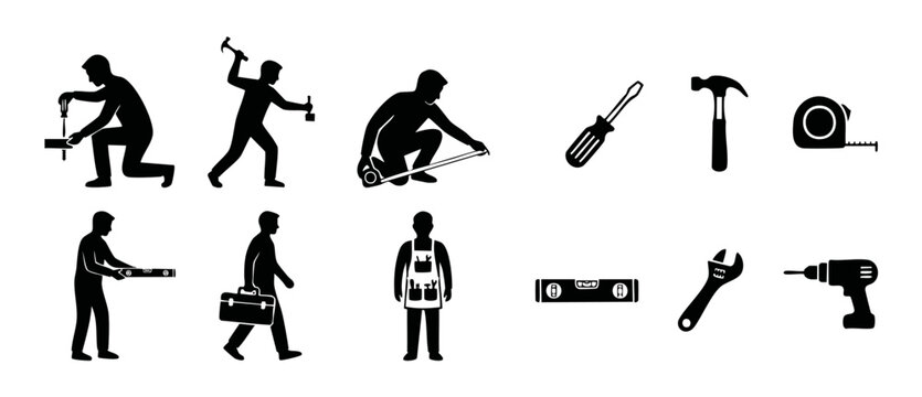 Construction worker silhouettes and tools set, professional repairman icon collection for building, renovation, handyman services, plumbing, carpentry, and home improvement maintenance projects vector