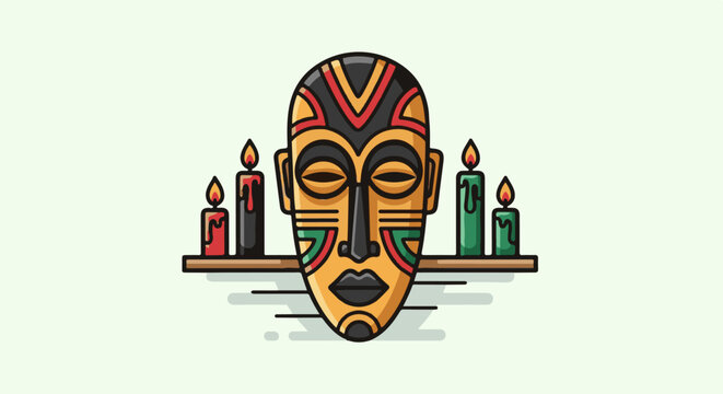 A decorated mask sits on a shelf surrounded by lit candles