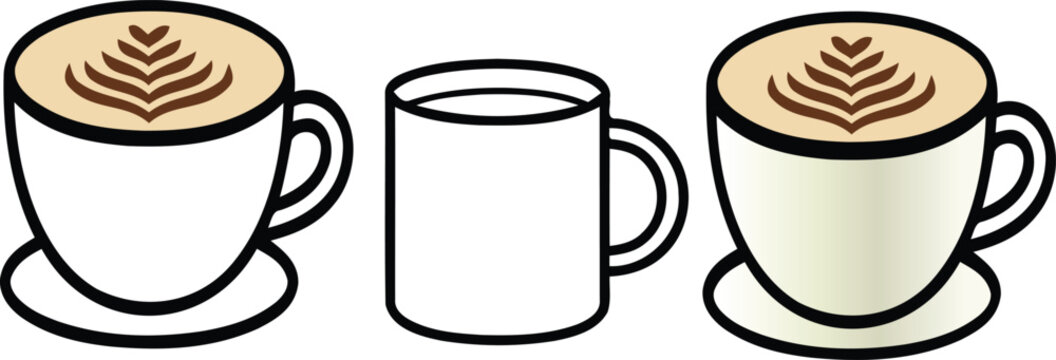 Coffee cup set with latte art and minimalist black outline vector illustration.