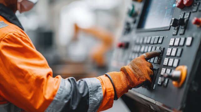 Worker in orange safety jacket and gloves operates control panel of industrial machinery in a manufacturing facility with blurred background elements