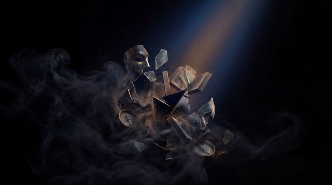 Surreal composition of floating masks, books, and compasses in dark smoke with dramatic light