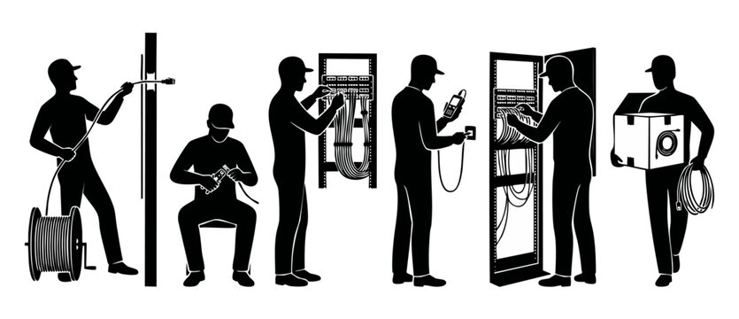 Network Technician Installation Set Silhouette, Server Rack Cable Management and Data Wiring Engineering Process, Professional IT Infrastructure Setup Service Concept for Telecom Maintenance and Ether