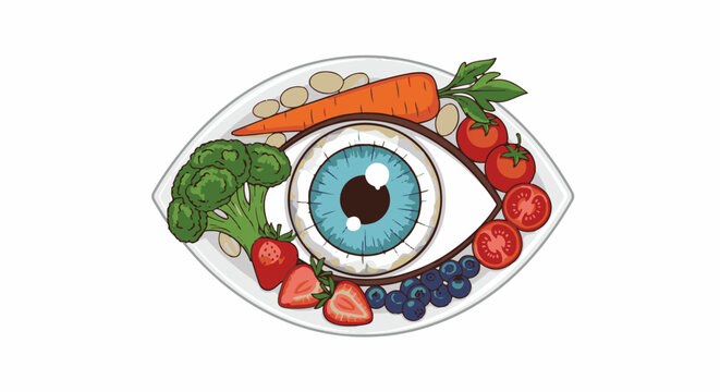 A plate shaped like an eye filled with healthy foods for vision