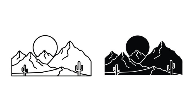Desert landscape duo black and white mountain range with cacti and sun