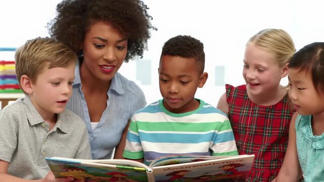 Young african american teacher with curly hair reads storybook to diverse elementary kids on colorful mat in bright classroom, soft natural light, bokeh. Concept of inclusive early education