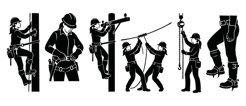 Lineman woman icon set, electric utility worker climbing utility pole, line technician installing power cables, construction safety equipment, black and white flat vector graphic design elements.