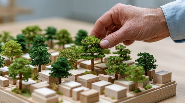 Architect placing miniature trees into a detailed architectural model of a city