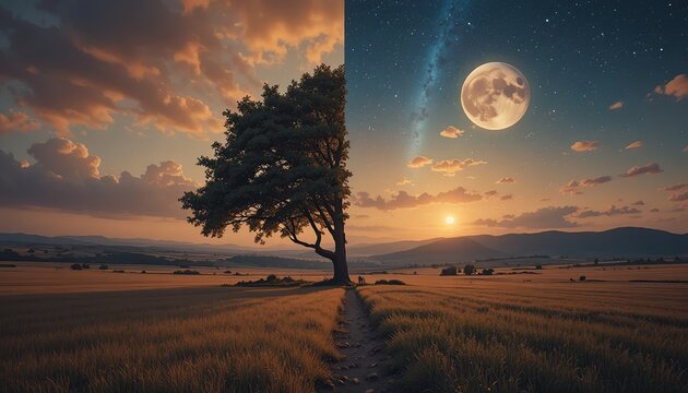 Single tree in center of field with dirt path surreal split landscape showing golden daylight and starry night sky symbolizing coexistence passage of time balance