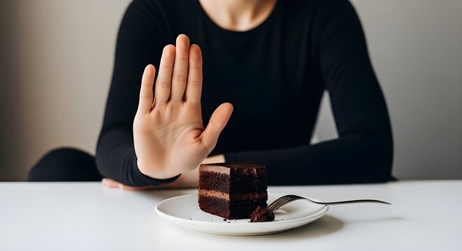 Person refusing to eat a delicious piece of chocolate cake during their healthy lifestyle diet