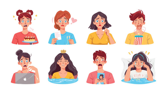 Emotional Overload: A series of illustrations capturing diverse individuals in various states of anxiety, showcasing a range of emotional expressions. 