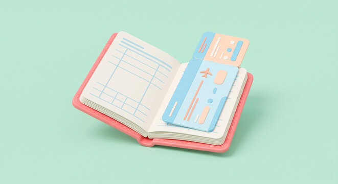 3D Render of an Open Bank Passbook with Airplane Boarding Pass, Travel Savings and Vacation Budget Concept, Minimalist Pastel Icon