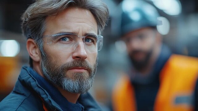 Focused Gaze: An industrial worker gazes intently, his determined expression reflecting dedication and focus in a bustling industrial setting. 