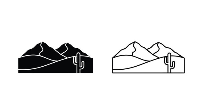 Desert landscape icon set mountain range with cactus in two styles