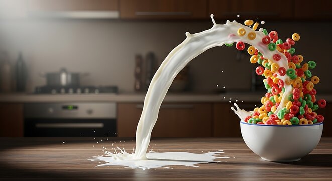 Colorful cereal bowl with milk splash on kitchen counter top view